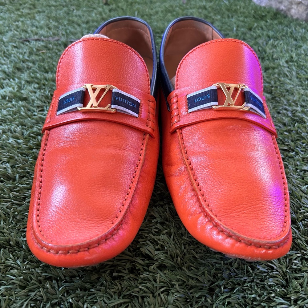 Louis Vuitton Orange Leather Loafers with Gold Hardware